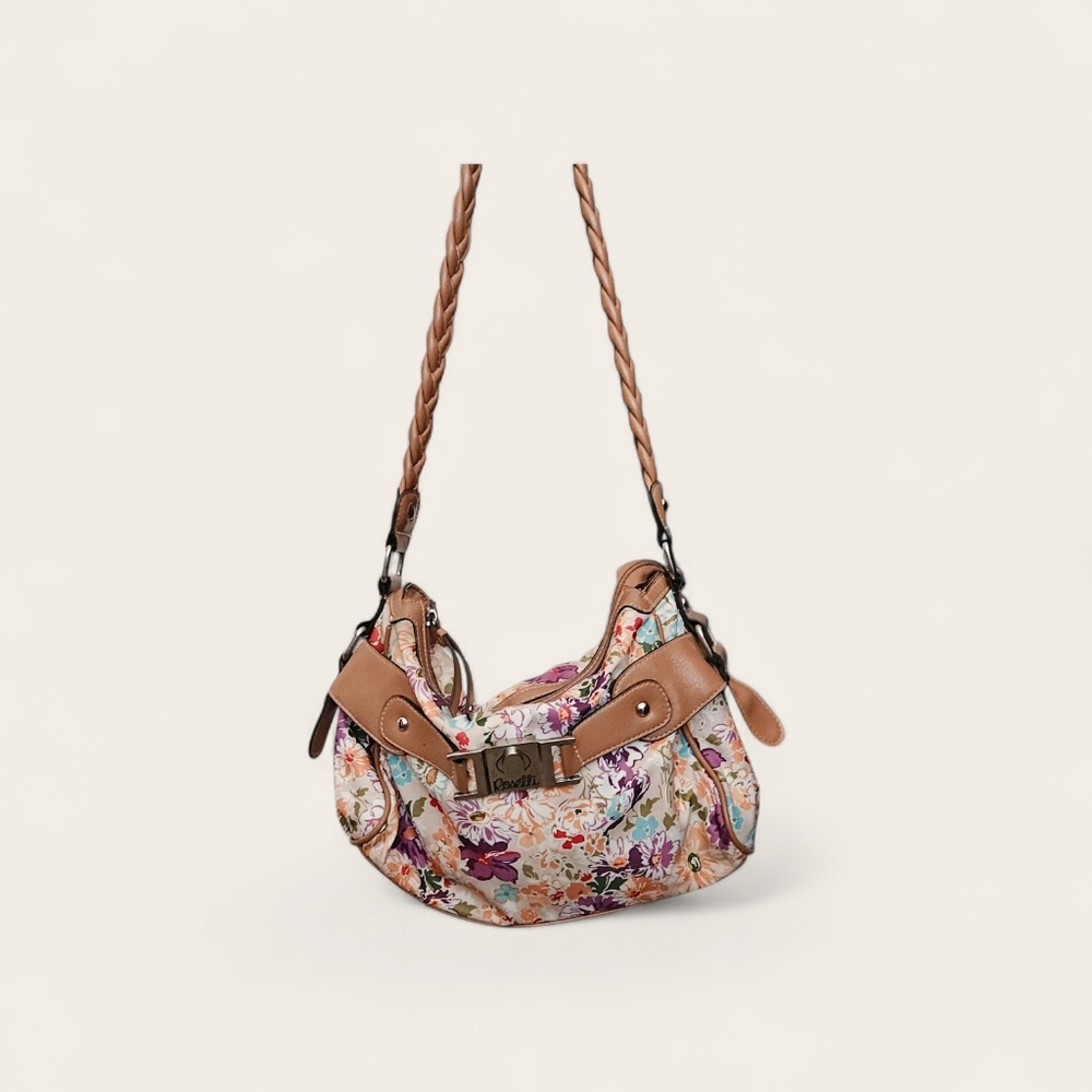 Rosetti Floral Braided Shoulder Bag Brown Trim Medium Size